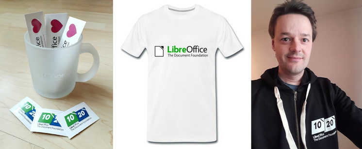 3 images:
1- a cup with LibreOffice stickers inside it
2- a white t-shirt with logo and text: "LibreOffice The Document Foundation"
3- a man wearing a black hoodie with LibreOffice logo on it