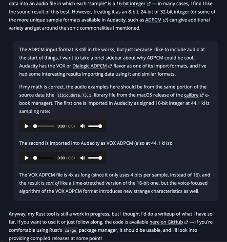 A screenshot of the blog post linked in the previous post, showing the styling for the HTML <aside> element. The block of text/audio clips has additional space above and below, it's indented to the right, it has rounded corners, and it has a slightly lighter and more saturated dark blue background.