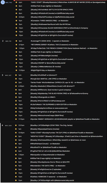 screencap of watch party listing of events for THU-SUN, May 1-4, 2025