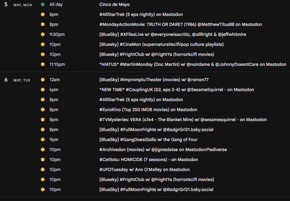 screencap of watch party listing of events for MON-TUE, May 5-6