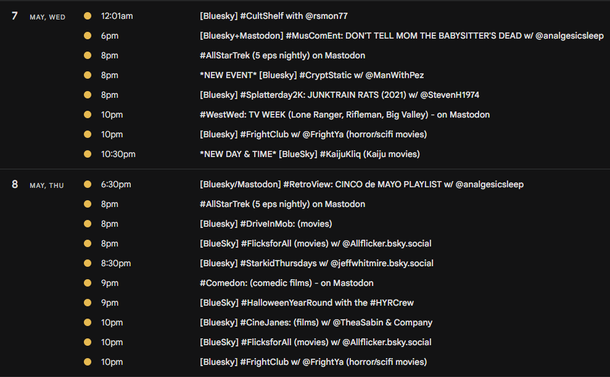 screencap of watch party event listing for WED-THU, May 7-8
