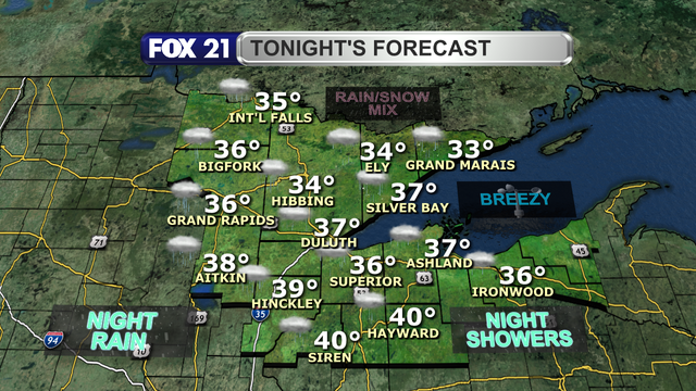 Rain showers, with some snowflakes possibly mixing in north of Highway 2, will cover the Northland Thursday night.  Breezy winds will continue with lows in the 30s.