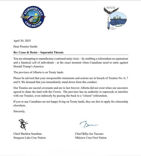 A letter from Cree Nation chiefs to Premier Smith explaining that Alberta is on treaty lands and cannot possibly choose to separate from Canada.
