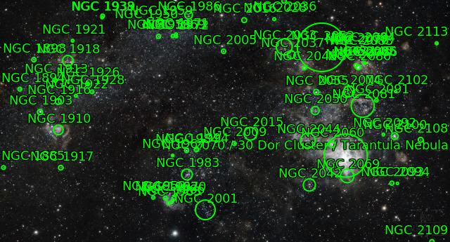 Densely annotated overlay of the Tarantula Nebula and surrounds.