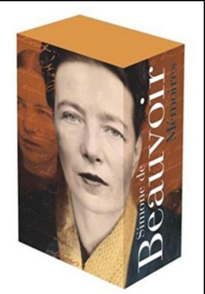 Coffret dans La Pléiade des Mémoires de Simone de Beauvoir. Il est décoré de deux photos d'elle, dont l'une en arrière-plan, plus estompée, quand elle est une jeune fille.