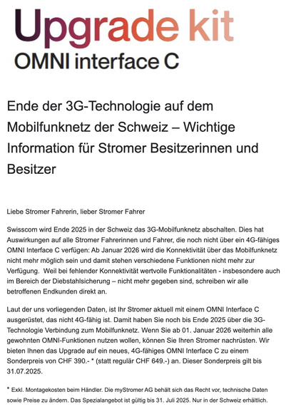 E-Mail: «Ende der 3G-Technologie auf dem Mobilfunknetz der Schweiz – Wichtige Information für Stromer Besitzerinnen und Besitzer» (Auszug).