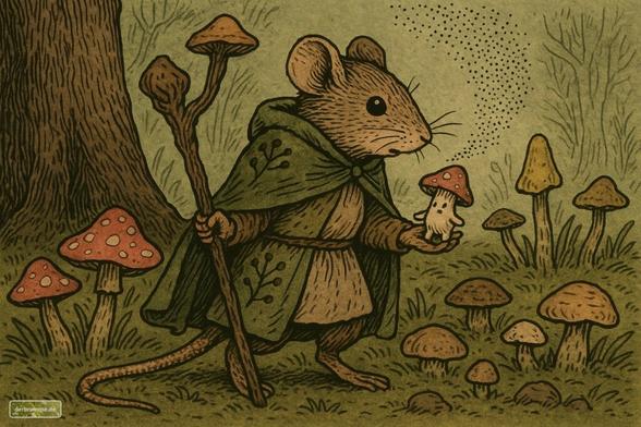 KI-generierte Illustration: Eine anthropomorphe Abenteuermaus steht im Wald hält einen kleinen Pilz in ihrer Pfote.