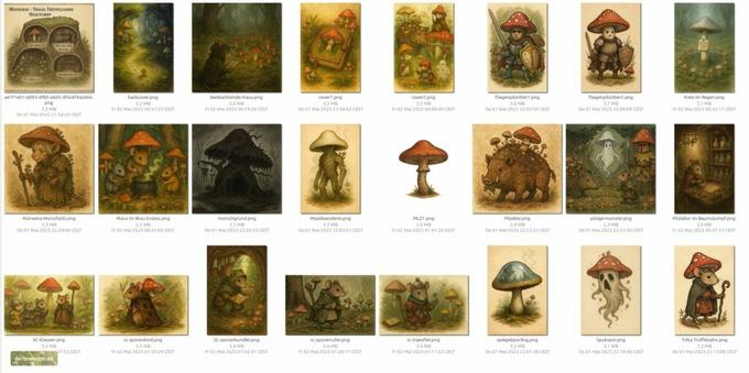 screenshot: 2 Dutzend Illustrationen mit Pilz- und Mäusemotiven