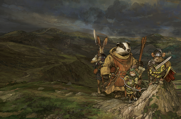 We have a painting of a brooding moorland landscape with dark green hills and a bruised dark grey sky. On the right, a rabble of anthropomorphic animals are wandering. From left to right, a brown hare wearing tartan and carrying a spear, a badger holding a staff and wearing beige monk's clothes, a squirrel wearing Lincoln green clothes and a hood holding a bow and finally a short brown rat in plate armour and a tabard with a helmet, sword and shield.