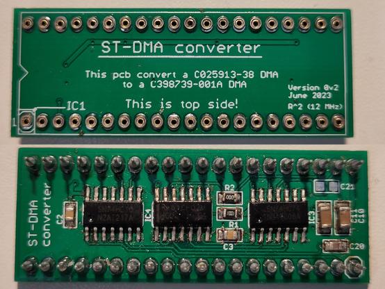 The "ST DMA converter" board, both top and bottom sides. The top side is empty, just pins for the old DMA chip to sit in, the bottom side contains several SMD components, including some 74-series logic chips, capacitors and resistors.