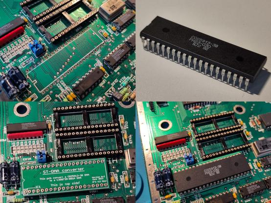 Mosaic-image of the installation process. The managed to pull the old DMA chip very cleanly. Not just the board got minor to no damage, but also the chip's pins remained very clean. I soldered the DMA fix board directly into the mainboard. The DMA chip now sits on top of it.