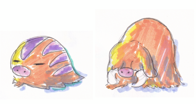 A sleepy Swinub next to an inscrutable Piloswine