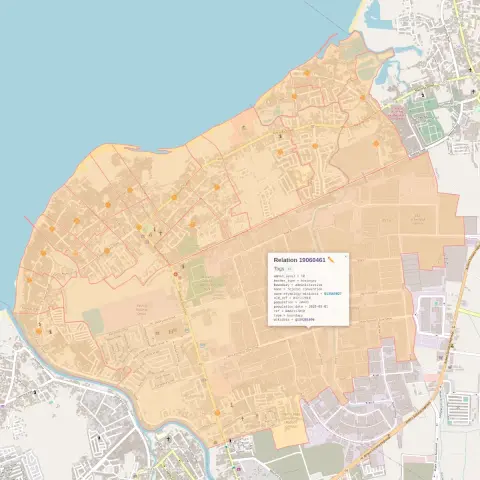 Screenshot of an Overpass Turbo query result map showing the boundaries and the node label positions of the 20 barangays of Rosario, Cavite, with the relation of Tejeros Convention selected showing its tags.
