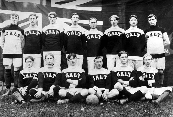 Canadian team Galt F.C., winner of the gold medal at the 1904 summer olympics. Back row, from left to right: Fraser, Lane, Johnson, P. Gourlay, Ducker, Linton, Christman and J. Gourlay. Front row, from left to right: Taylor, Steep, Hall, McDonald, Twaits and Henderson.