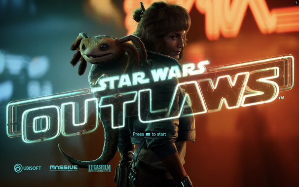 Title screen of Star Wars Outlaws with Kay and Nix.