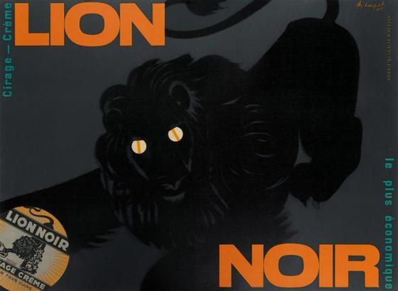 an advertisement, on a dark grey background is a big black lion with glowing orange eyes, it is looking at the viewer, lettering around it glowing, the product in the lower left side, a round can on its side, i think it is black show polish