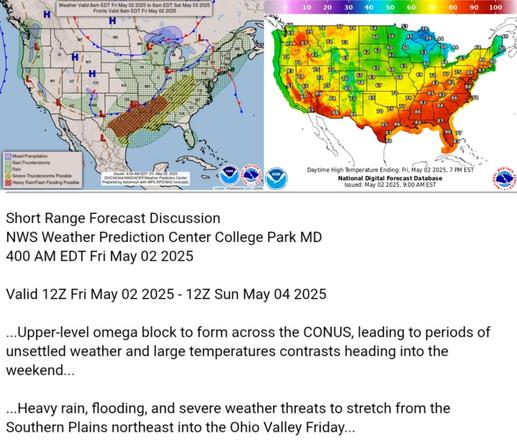 Valid 12Z Fri May 02 2025 - 12Z Sun May 04 2025

...Upper-level omega block to form across the CONUS, leading to periods of
unsettled weather and large temperatures contrasts heading into the
weekend...

...Heavy rain, flooding, and severe weather threats to stretch from the
Southern Plains northeast into the Ohio Valley Friday...