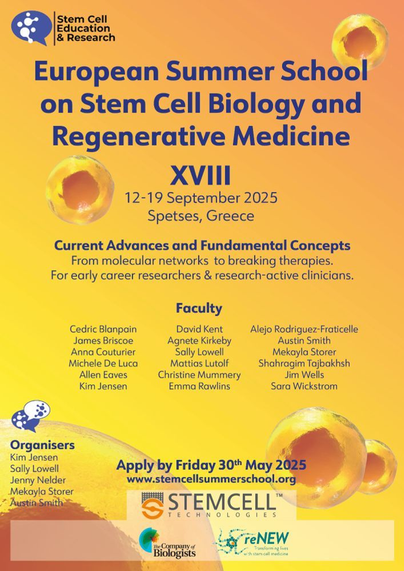 European Summer School on Stem Cell Biology and Regenerative Medicine

12-19 September 2025

Spetses, Greece

From molecular networks to breaking therapies. For early career researchers & research-active clinicians. Faculty Cedric Blanpain DavidKent  Alejo Rodriguez-Fraticelle James Briscoe Agnete Kirkeby Austin Smith Anna Couturier Sally Lowell Mekayla Storer Michele De Luca Mattias Lutolf Shahragim Tajbakhsh Allen Eaves Christine Mummery Jim Wells Kim Jensen Emma Rawlins Sara Wickstrom