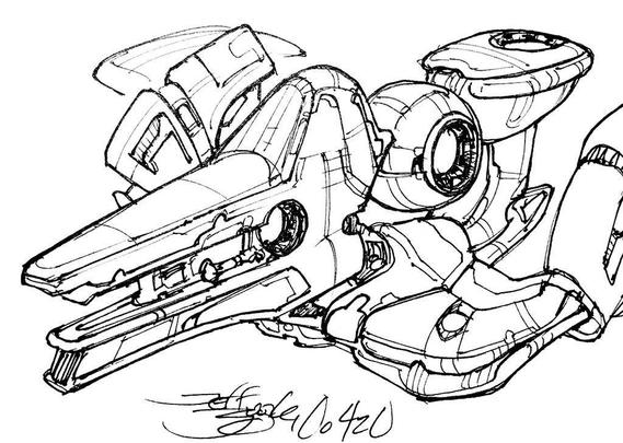 Black and white line art sketch of an imaginative sci fi spaceship. Each one is very different.