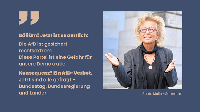 Beate Müller-Gemmeke steht vor einem Gebäude mit Natursteinfassade und hebt leicht die Hände, als spreche sie engagiert. Darüber ein Zitat auf dunkelblauem Hintergrund:
„Bäääm! Jetzt ist es amtlich: Die AfD ist gesichert rechtsextrem. Diese Partei ist eine Gefahr für unsere Demokratie. Konsequenz? Ein AfD-Verbot. Jetzt sind alle gefragt – Bundestag, Bundesregierung und Länder.“
Darunter steht: Beate Müller-Gemmeke.
