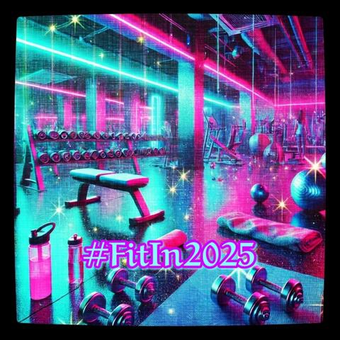 Edited AI image of a gym, in teal and pink colors, showing some gym equipment in a fitness area. Text on the image says "#FitIn2025".