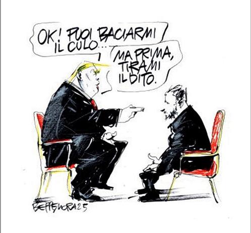 Nel disegno, Donald Trump e Zelensky sono seduti su due sedie uno di fronte all'altro. Trump indicandolo gli dice: "Ok! Ora puoi baciarmi il culo... Ma prima, tirami il dito".
