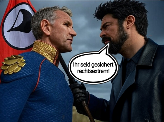!B Höcke als Homelander vs Butcher mit PIRATEN Flagge