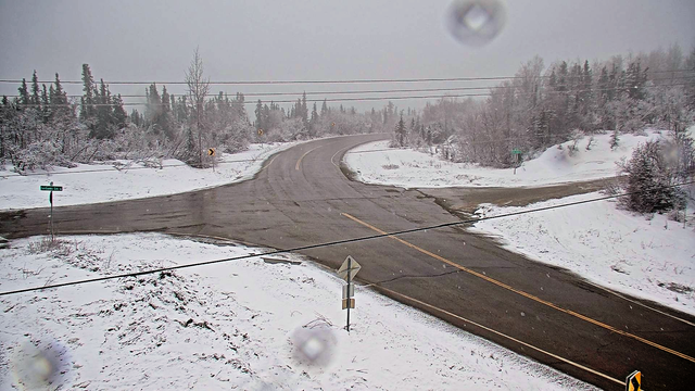 Alaska DOT & PF webcam image from the Cleary Summit RWIS station taken at 643am AKDT Saturday, May 3, 2025. The image shows snow accumulating on vegetation but road surfaces are just wet.