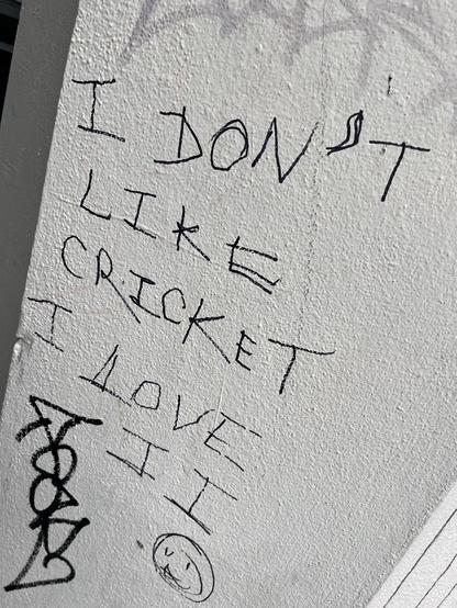 White wall with black pen ink graffiti that says “I don’t like cricket. I love it”