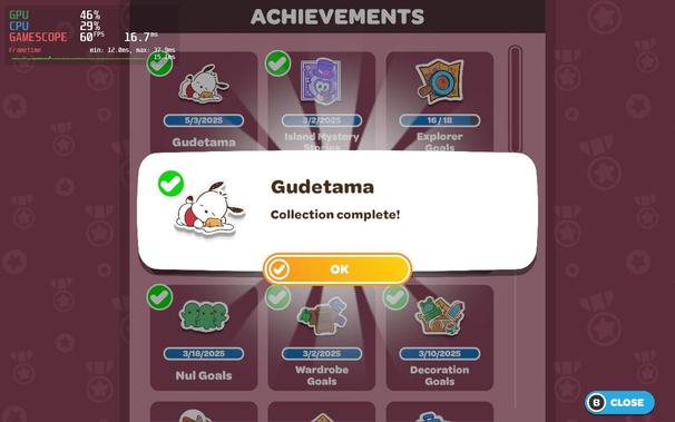 Screenshot of steamdeck screen showing the achievement of finding all 144 hidden gudetama. 

The little sanrio dog is napping with a tiny gudetama egg on a pillow.