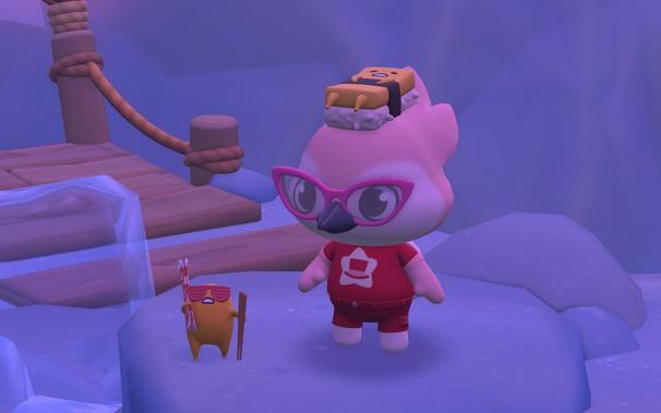 My character who is a pastel bird wearing pink cat eye glasses and a gudetama sushi hat is standing in a snowy landscape beside a found gudetama who looks like he's gonna ski.