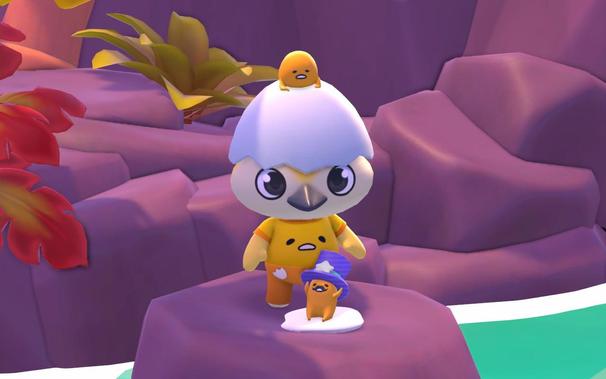 My game character who is a little round pastel yellow bird wearing an eggshell hat and gudetama outfit. The weekly tophat gudetama is in front of me.
