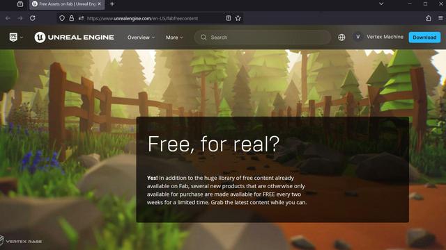 Screenshot showing UE site using Low Poly Nature render.