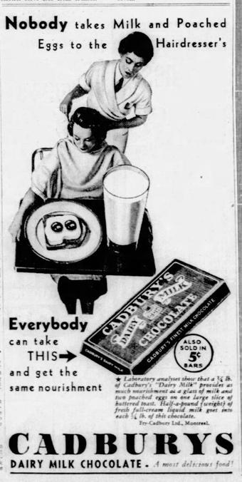 Nobody takes milk and poached eggs to the hairdresser's! Cadbury Dairy Milk (1937)