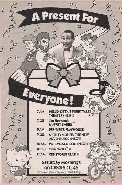 A listing of times entitles of various shows that will appear in the morning on CBS. The schedule is over a gift box. While characters from the TV shows surround the box.