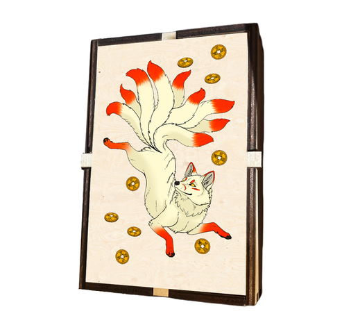 Wooden box with art of a red and white kitsune on it.