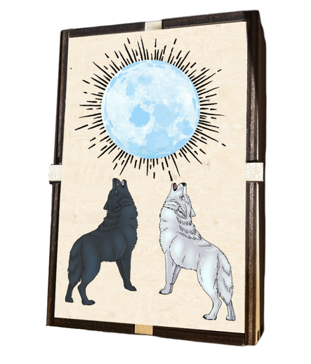 Wooden box with art of two wolves howling at the moon on it.
