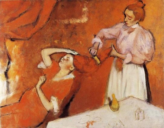 a  painting of a seated woman, reclining back, another woman , standing straightening and combing her hair, the painting is done in orange tones