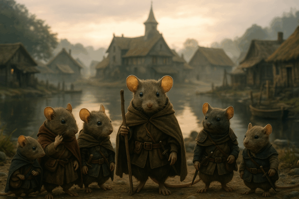Fotorealistisches Bild von 6 antropomorphen Mäusen an einem Seeufer, im Hintergrund ein Seedorf.