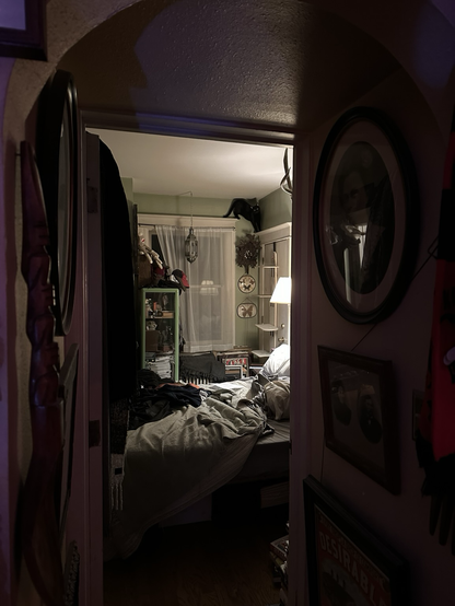 Looking through a doorway into a bedroom. A black shadow is high up in the corner of the room above a window and door frame.