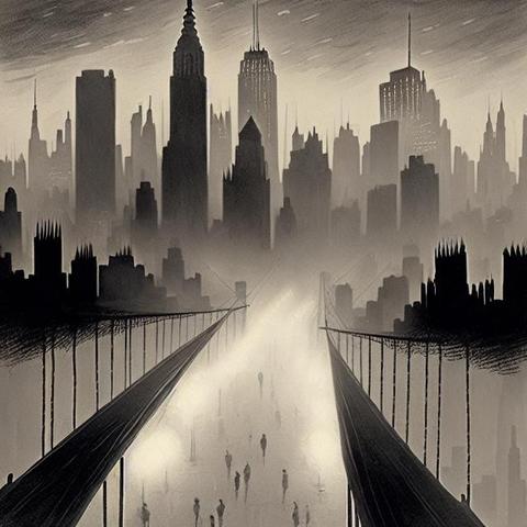 Generated from Standard Diffusion prompt: dreamlikeart, 1920s New York as seen from the Brooklyn Bridge, at night, shrouded in mist. Spooky and eerie 1920s Art Deco style, very detailed, muted colors.