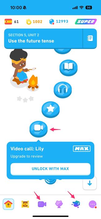 Screenshot of the Duolingo app showing all the elements they have injected to annoy me into upgrading into their higher tier.