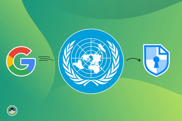 L'immagine presenta un design con un sfondo verde sfumato. Al centro, c'è il logo dell'Organizzazione delle Nazioni Unite (ONU), caratterizzato da un cerchio blu con una mappa del mondo bianca circondata da rami di ulivo. A sinistra del logo ONU, c'è il logo di Google, riconoscibile per la lettera "G" multicolore. A destra del logo ONU, c'è un simbolo di cryptpad, rappresentato da uno scudo blu. Due frecce, una che parte dal logo Google e una che parte dal logo ONU, indicano l'abbandono di google per cryptpad