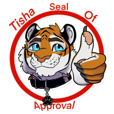 Furry tiger head inside a round "seal of approval"