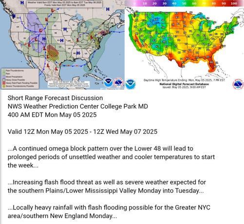 Valid 12Z Mon May 05 2025 - 12Z Wed May 07 2025

...A continued omega block pattern over the Lower 48 will lead to
prolonged periods of unsettled weather and cooler temperatures to start
the week...

...Increasing flash flood threat as well as severe weather expected for
the southern Plains/Lower Mississippi Valley Monday into Tuesday...

...Locally heavy rainfall with flash flooding possible for the Greater NYC
area/southern New England Monday...