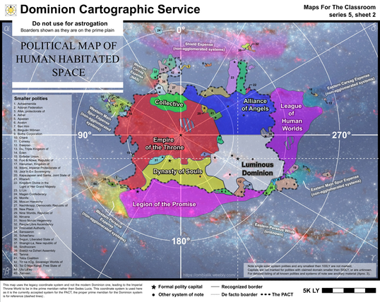 A political map for the World of the PACT setting showing a 35KLY swath of a galaxy and the 2D cross-section of the nations that inhabit it.
