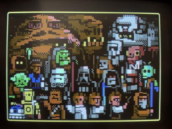 A Petscii drawing of a lot of different Star Wars characters.