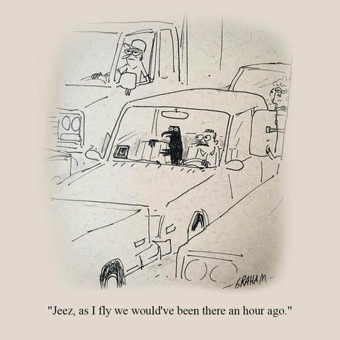 A cartoon illustration of a crow in a taxi, stuck in traffic and talking to the driver. Caption reads "Jeez, as I fly we would've been there an hour ago."