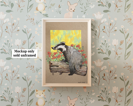 A small drawing of a European badger climbing a log. There are red poppies in the background. The drawing is on buff coloured paper.
The black-and-white striped badger is a well known species in the UK. It is our largest land predator feeding on small mammals, birds' eggs, worms, fruit and plants.
An original art work
Colour pencil and mixed media on acid free toned artist paper
5 by 7 inches (12.7 by 17.8 cm).
Sold unframed