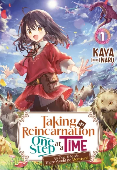 Cover of reviewed boo: Girl in red runing. Wolves, wyvern and other monsters in background.